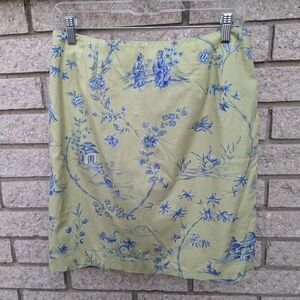 Talbots Pencil Skirt Size 10 Toile Pattern 100% Cotton Mint Green Blue Script
